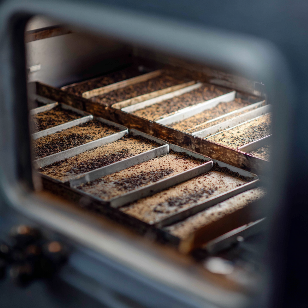 freeze dried tea in trays inside industrial drying machine