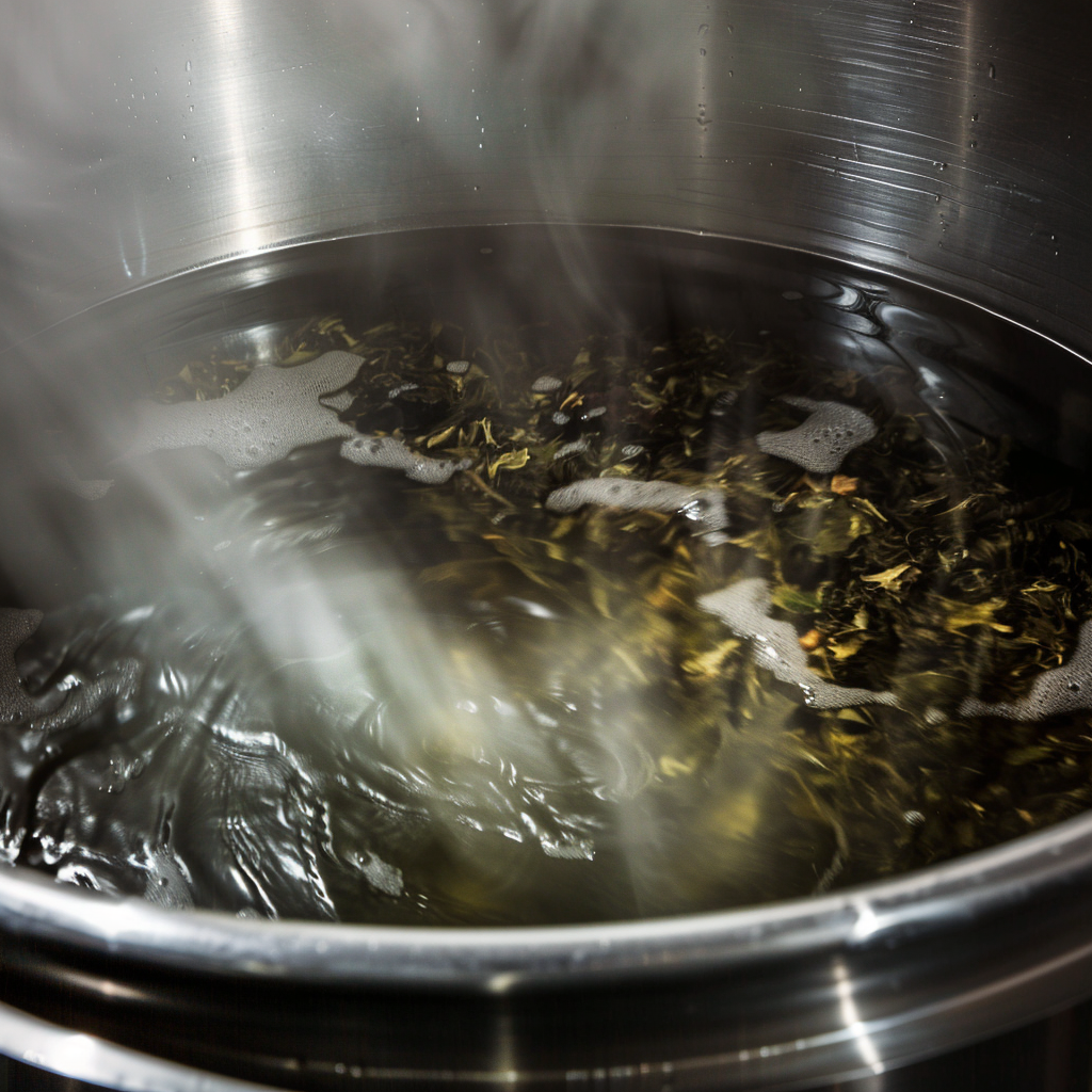 tea leaves brewing in water during extraction for freeze dried tea