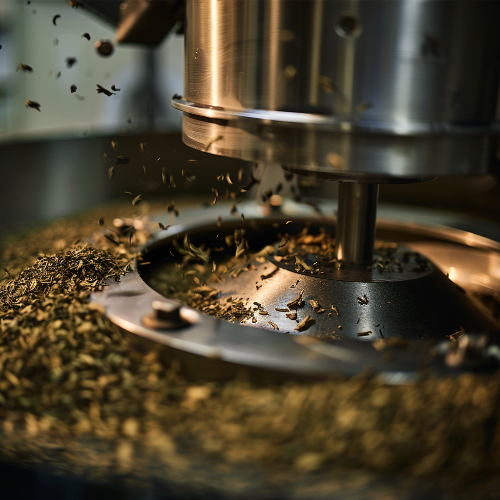 tea leaves being ground during processing for freeze dried tea