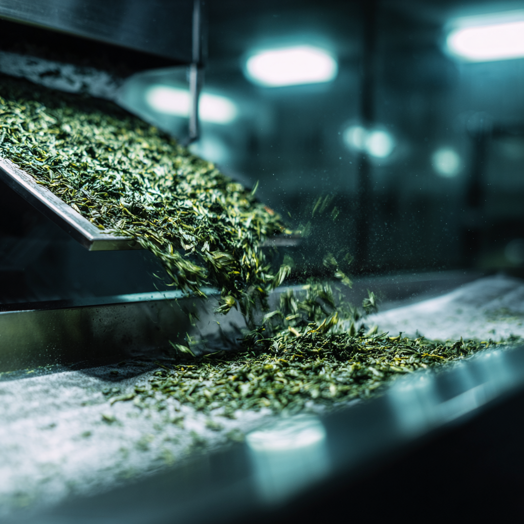 tea leaves being processed for freeze dried tea production